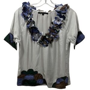 Marc Jacobs Silver Blouse with Blue, Green & Brown Floral Trim